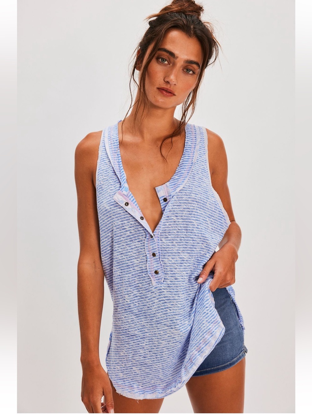 We The Free Love Language Blue Striped Henley Tank